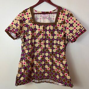 Koi Mariposa Scrub Top 2X Plus Size Elastic Empire Waist Pink Brown Geo Floral